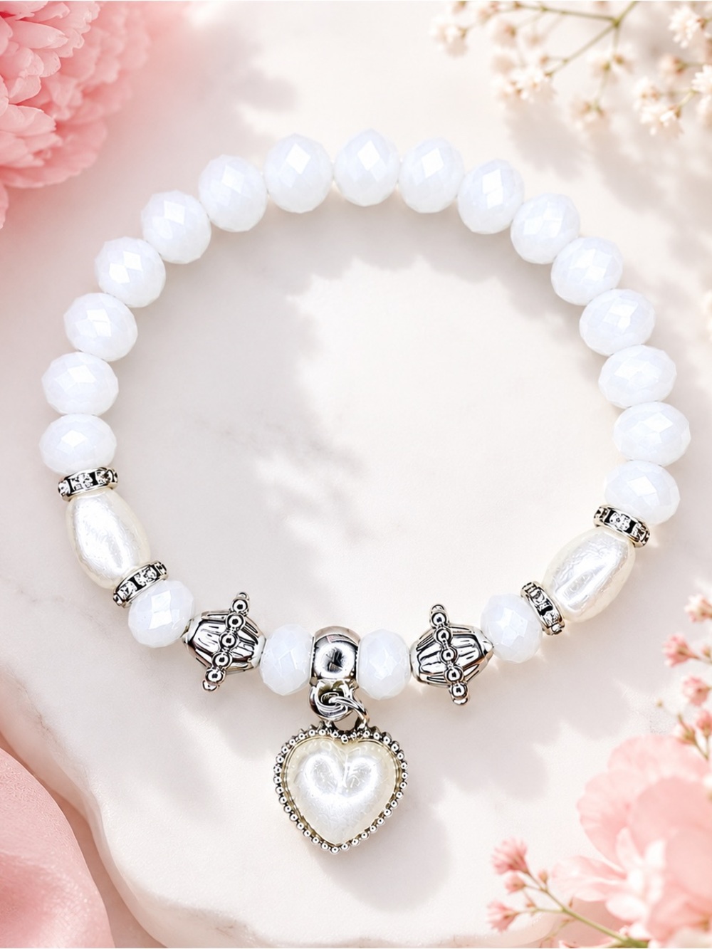 Pearl Heart White & Silver Beaded Charm Stretch Bracelet